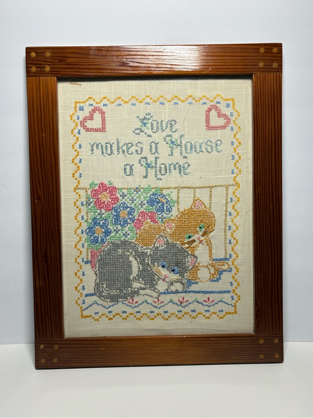 Vintage Completed Cross Stitch Sampler Love Makes a House a Home Framed Cats